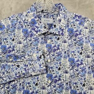 Eton Button Down Shirt Mens 17.5 Blue Floral Slim Fit Long Sleeve Cotton